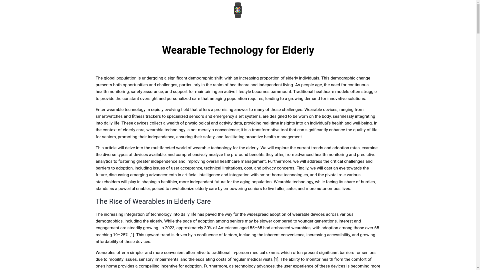 website screenshot of https://wearabletechnologyforelderly.com/