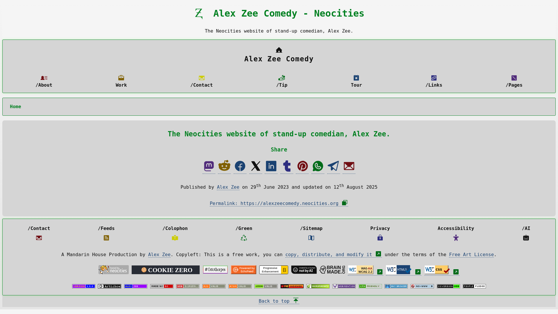 website screenshot of https://alexzeecomedy.neocities.org/