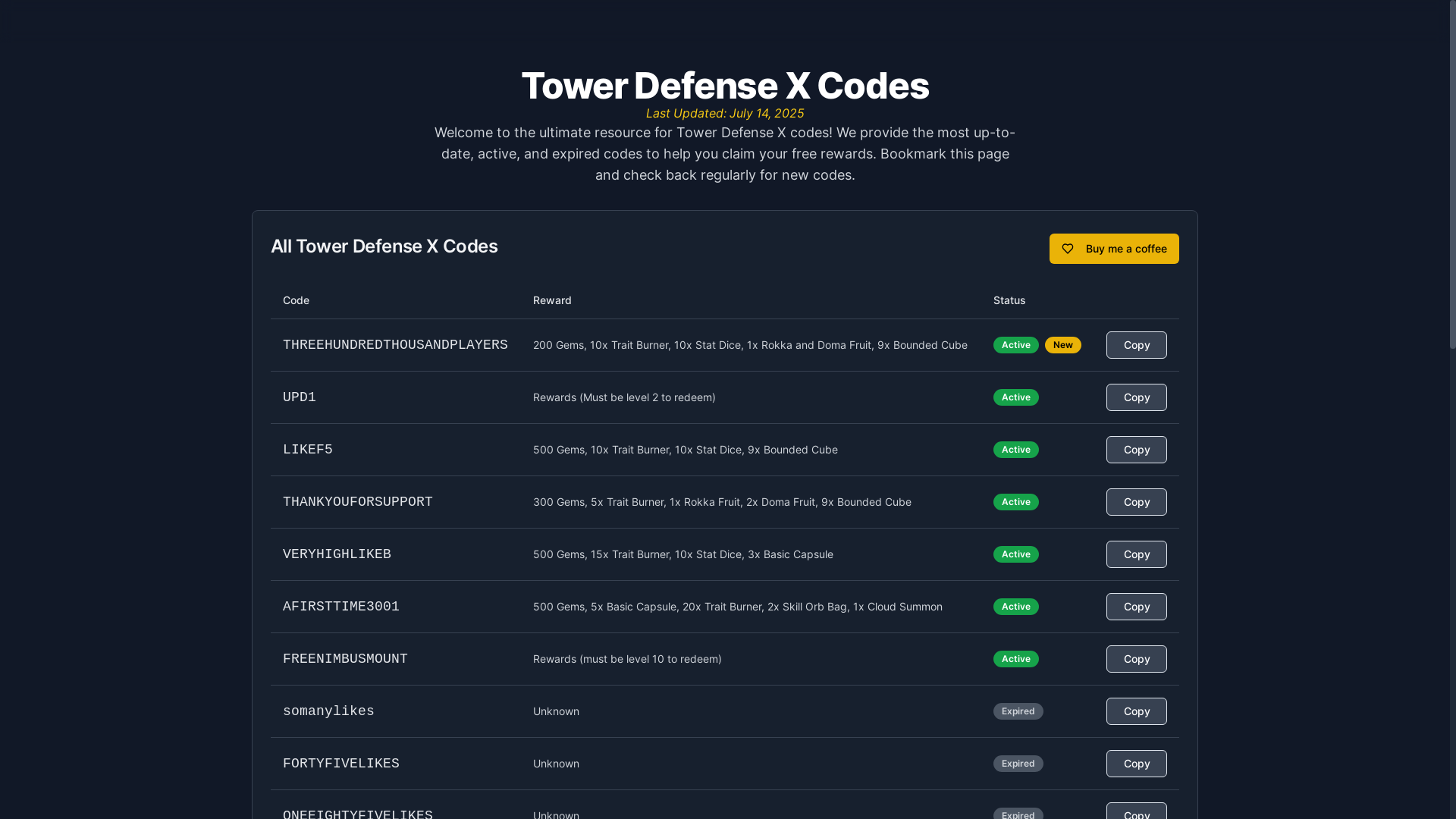 website screenshot of https://towerdefensexcodes.com/
