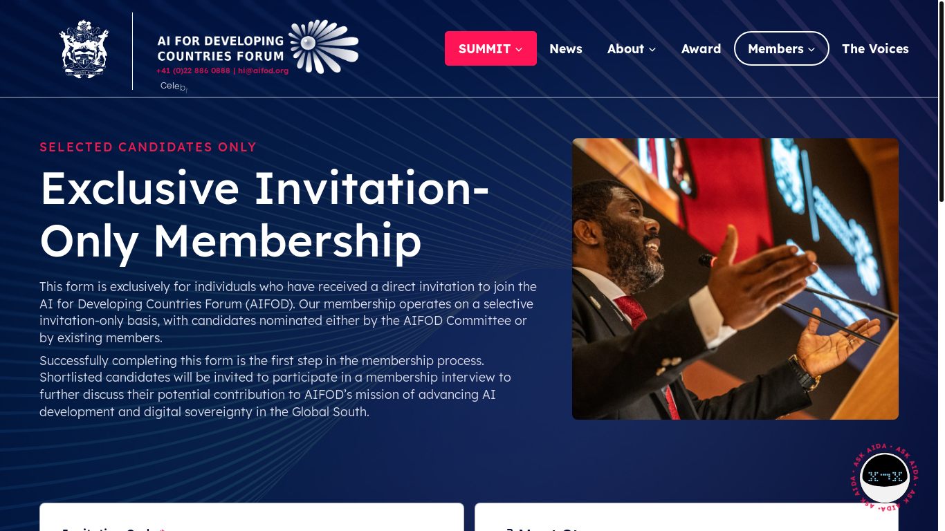 website screenshot of https://aifod.org/invitation
