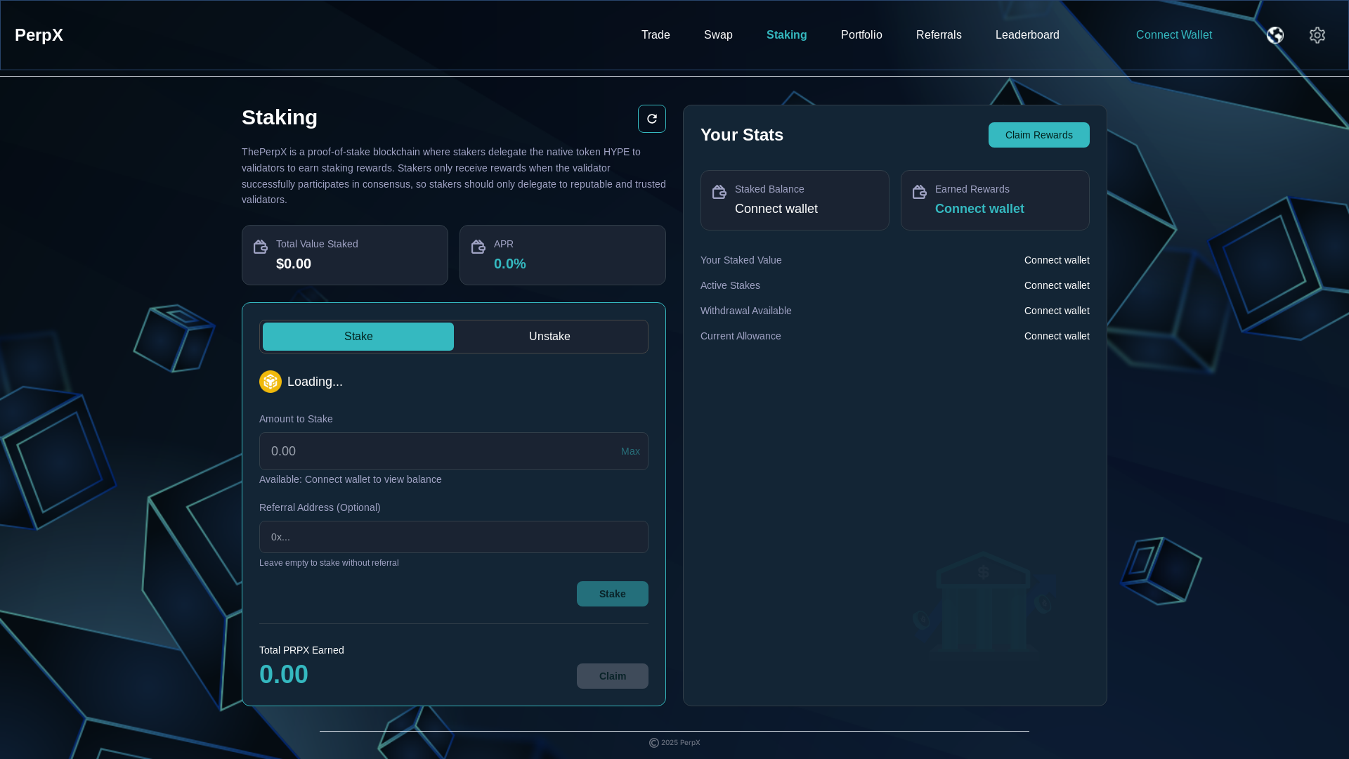 website screenshot of https://perpx-staking.pages.dev/
