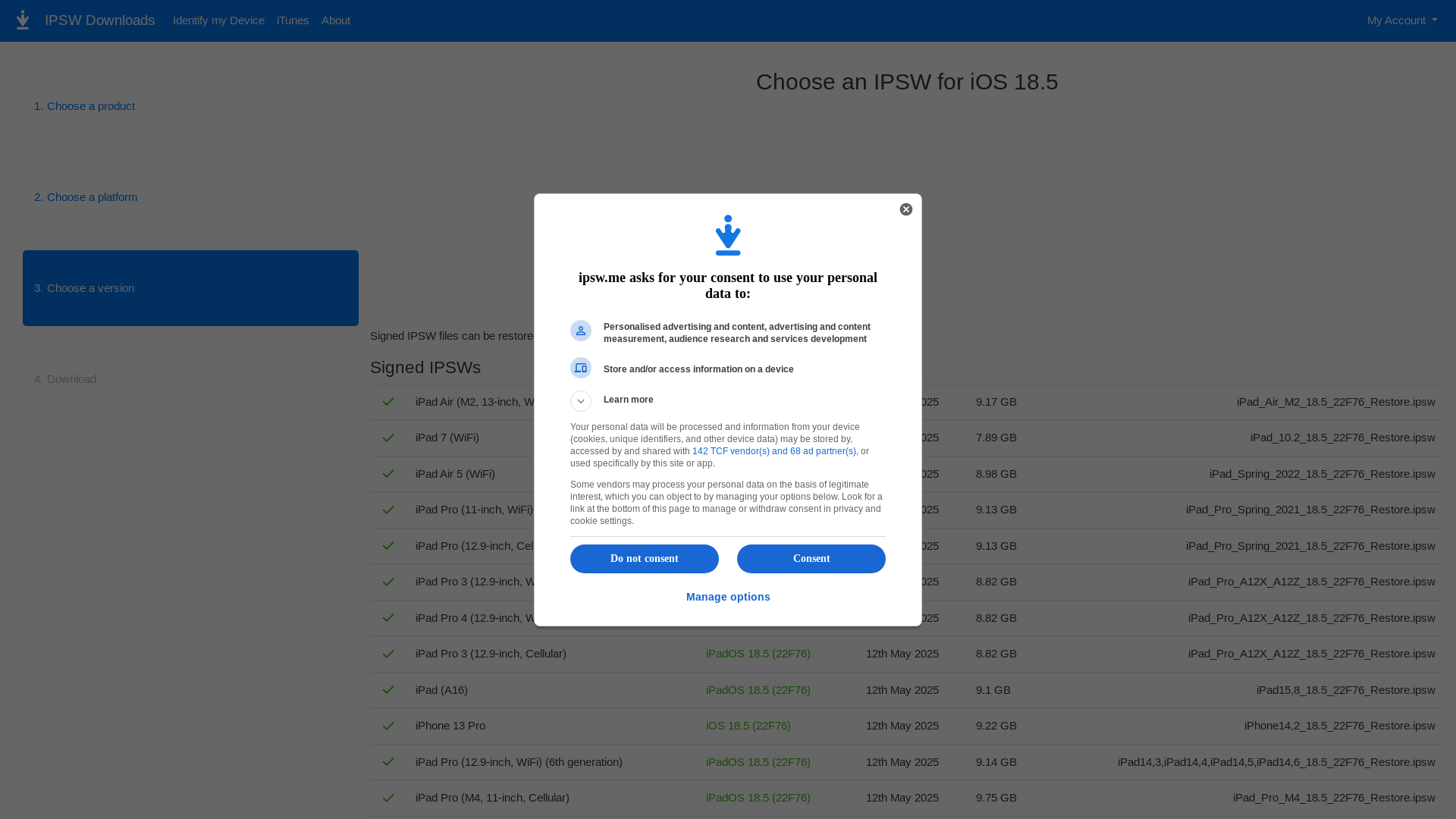 website screenshot of https://ipsw.me/18.5