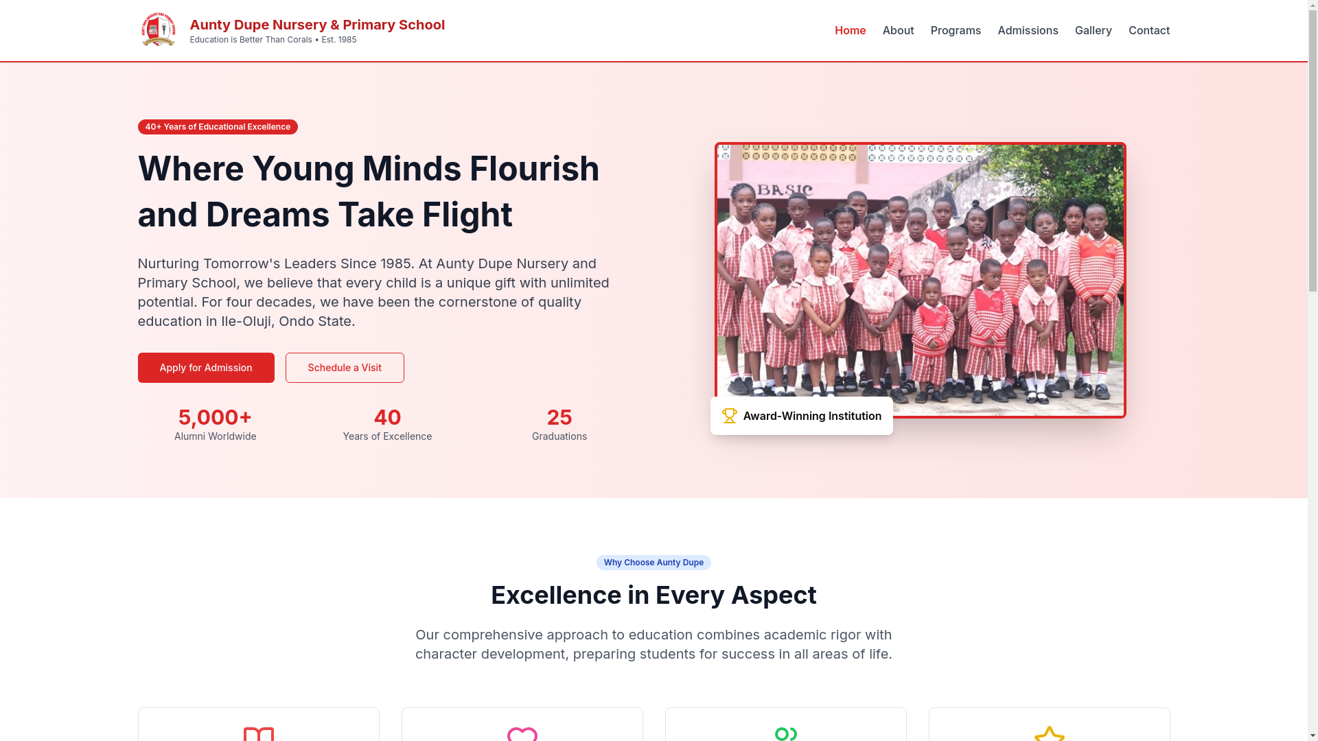 website screenshot of https://auntydupeschools.com/