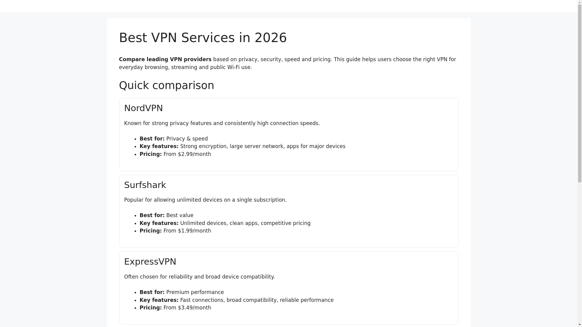 website screenshot of https://vpncomparisonhub.com/