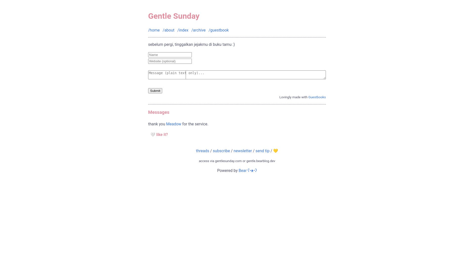 website screenshot of https://gentle.bearblog.dev/guestbook/