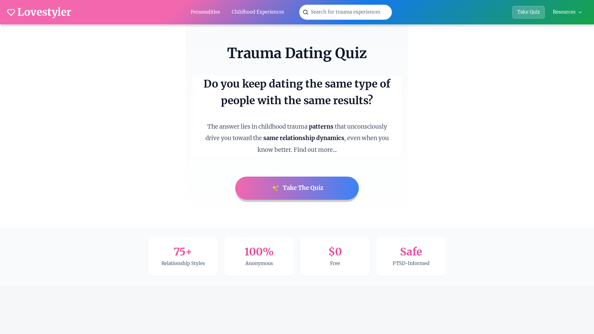 website screenshot of https://traumadater.com/