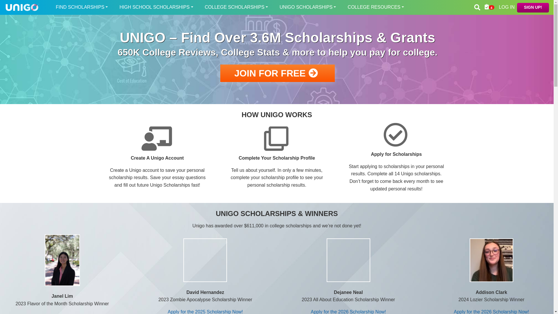 website screenshot of https://unigo.com/