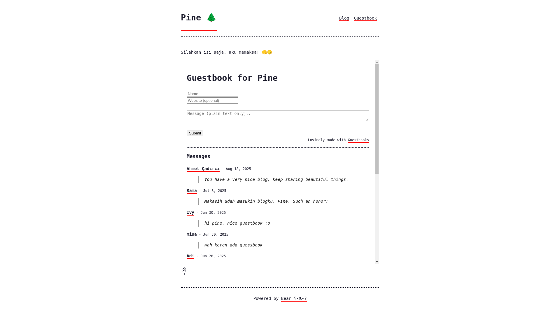 website screenshot of https://pine.bearblog.dev/guestbook/