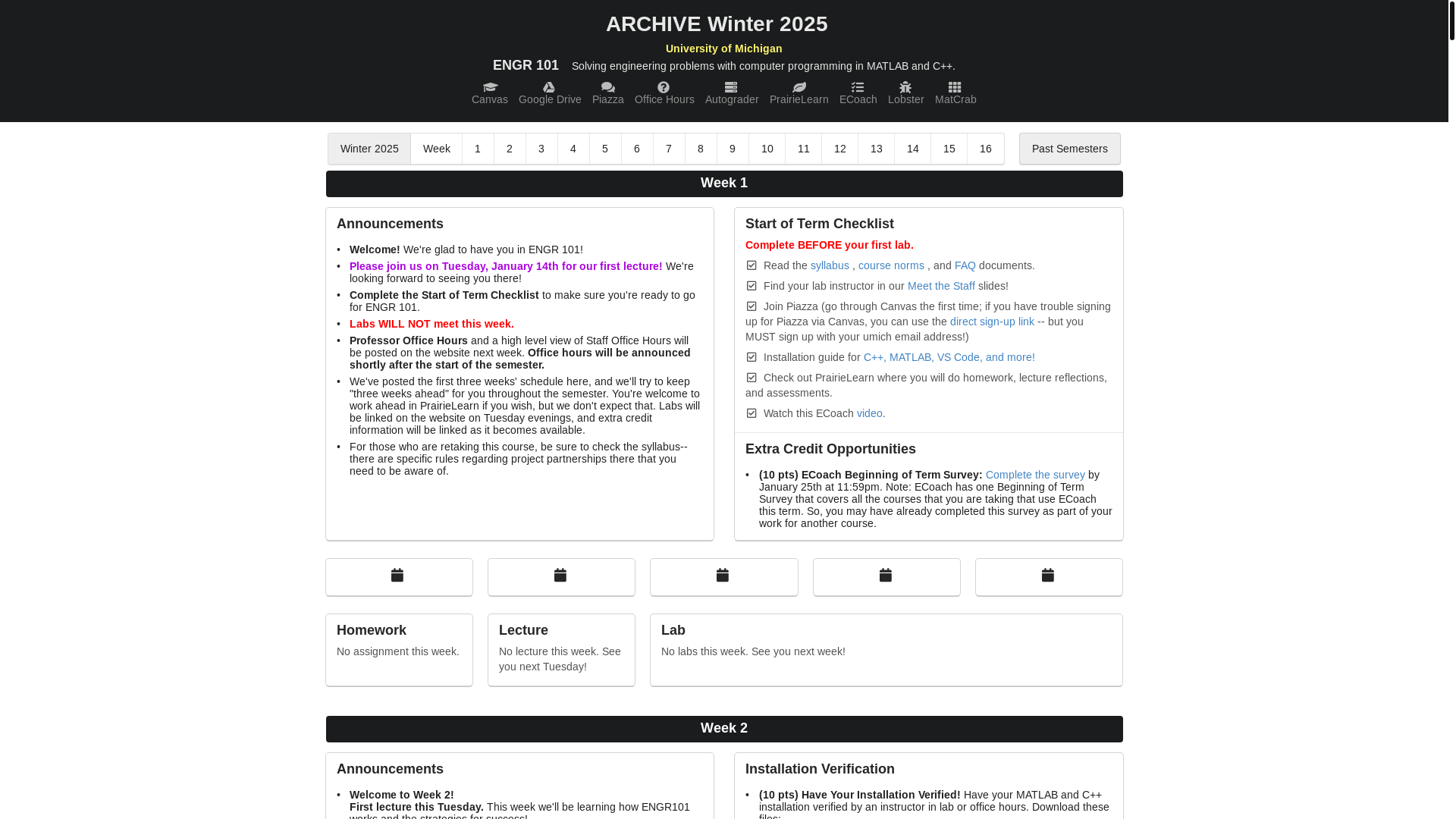 website screenshot of https://engr101staff.github.io/engr101.org/archive/w25_site.html