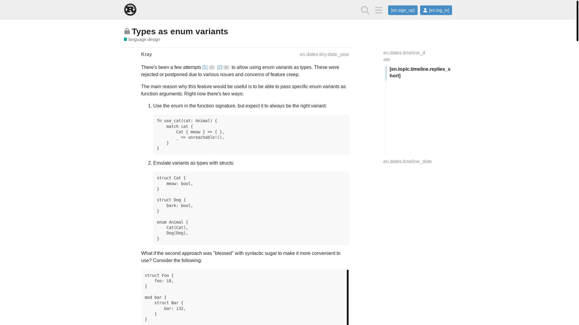 website screenshot of https://internals.rust-lang.org/t/types-as-enum-variants/18362