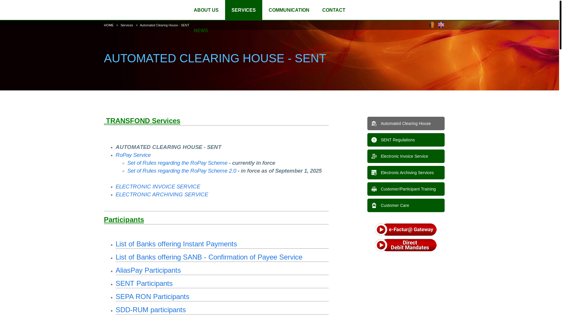 website screenshot of https://www.transfond.ro/en/services/automated-clearing-house-sent&lang=en