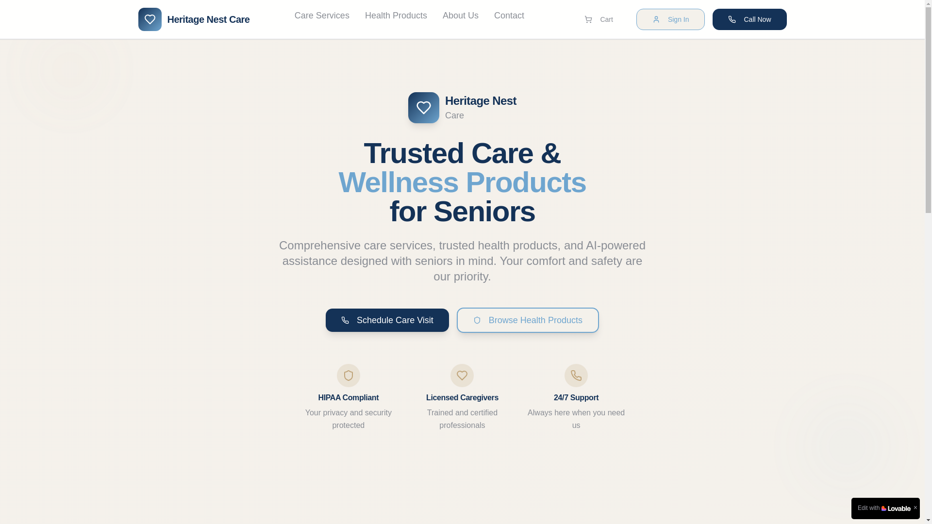 website screenshot of https://heritagenestcare.com/
