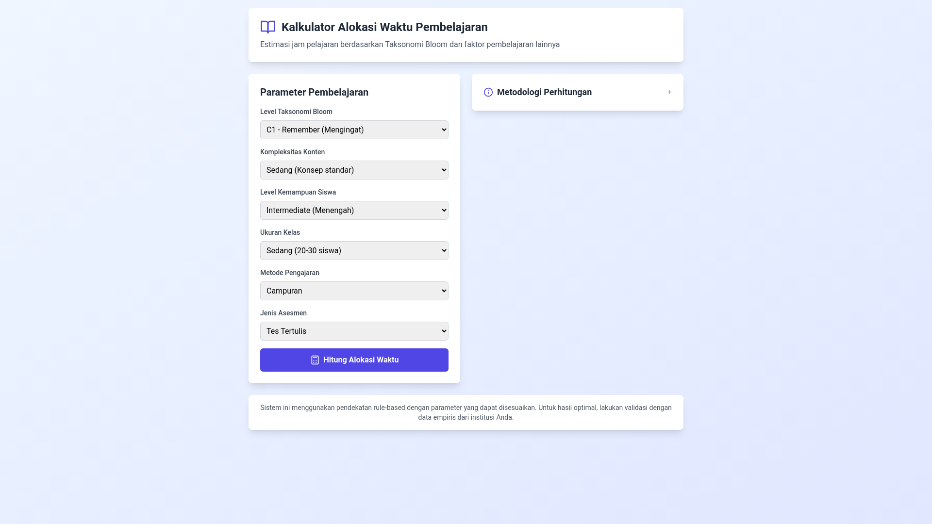 website screenshot of https://kalkulator-jam-pelajaran.pages.dev/
