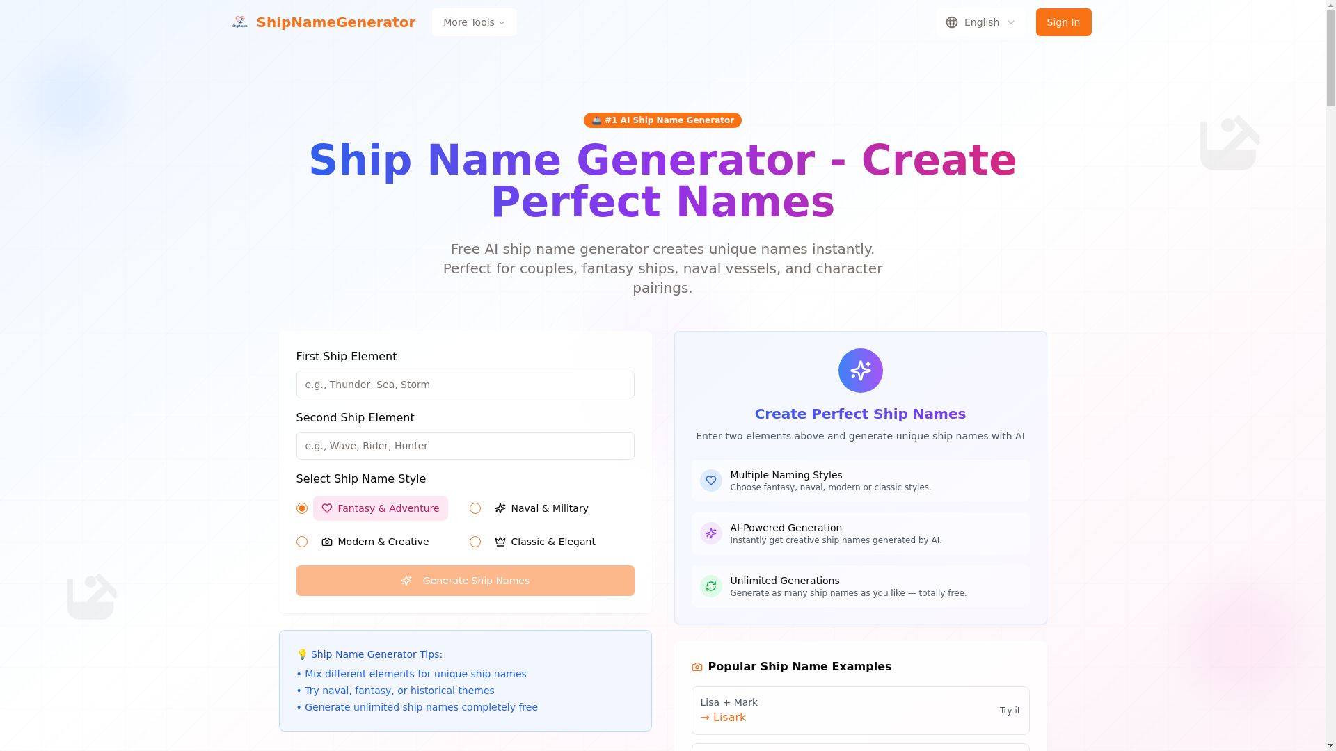 website screenshot of https://shipnamegenerator-beb.pages.dev/