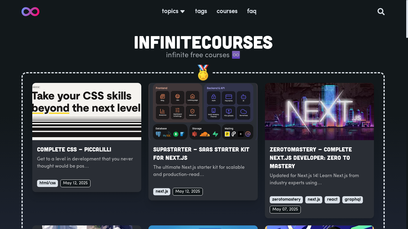 website screenshot of https://www.infinitecourses.org/