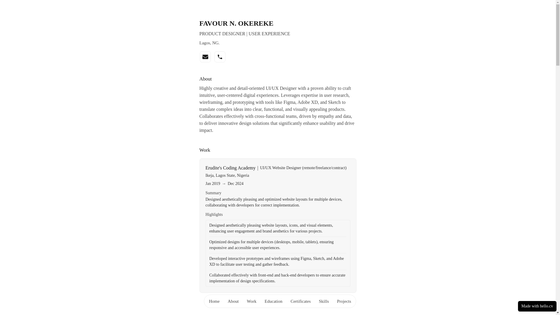 website screenshot of https://favourokereke.cv/