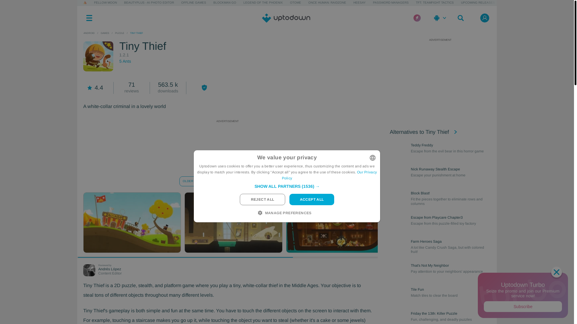 website screenshot of https://tiny-thief.en.uptodown.com/android