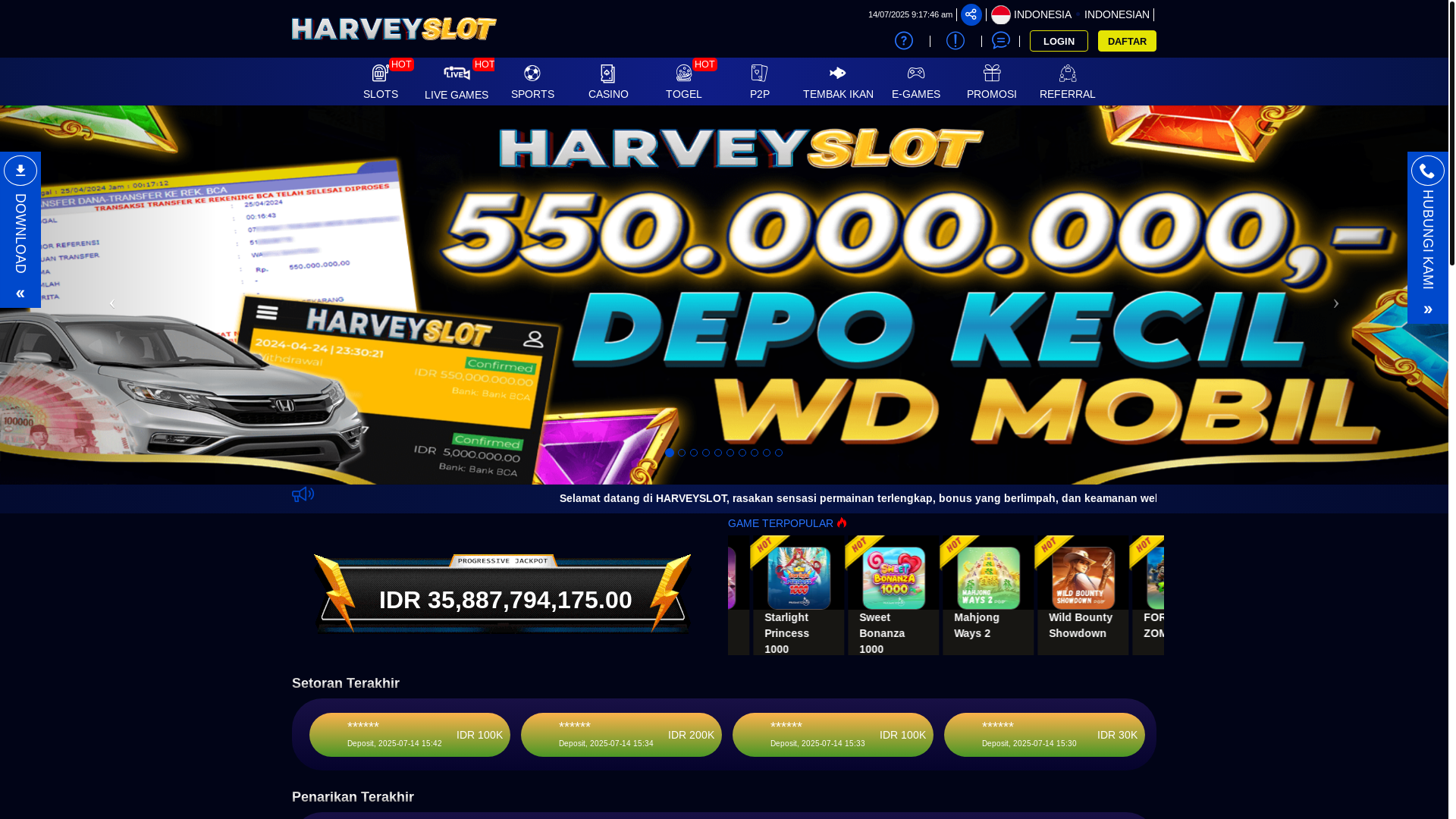 website screenshot of https://harveyslot.shop/