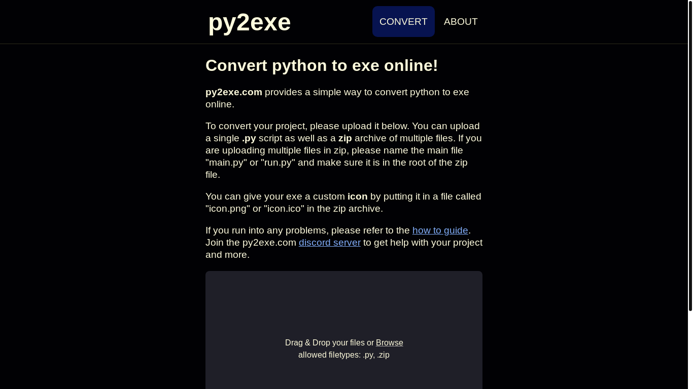 website screenshot of https://py2exe.com/convert