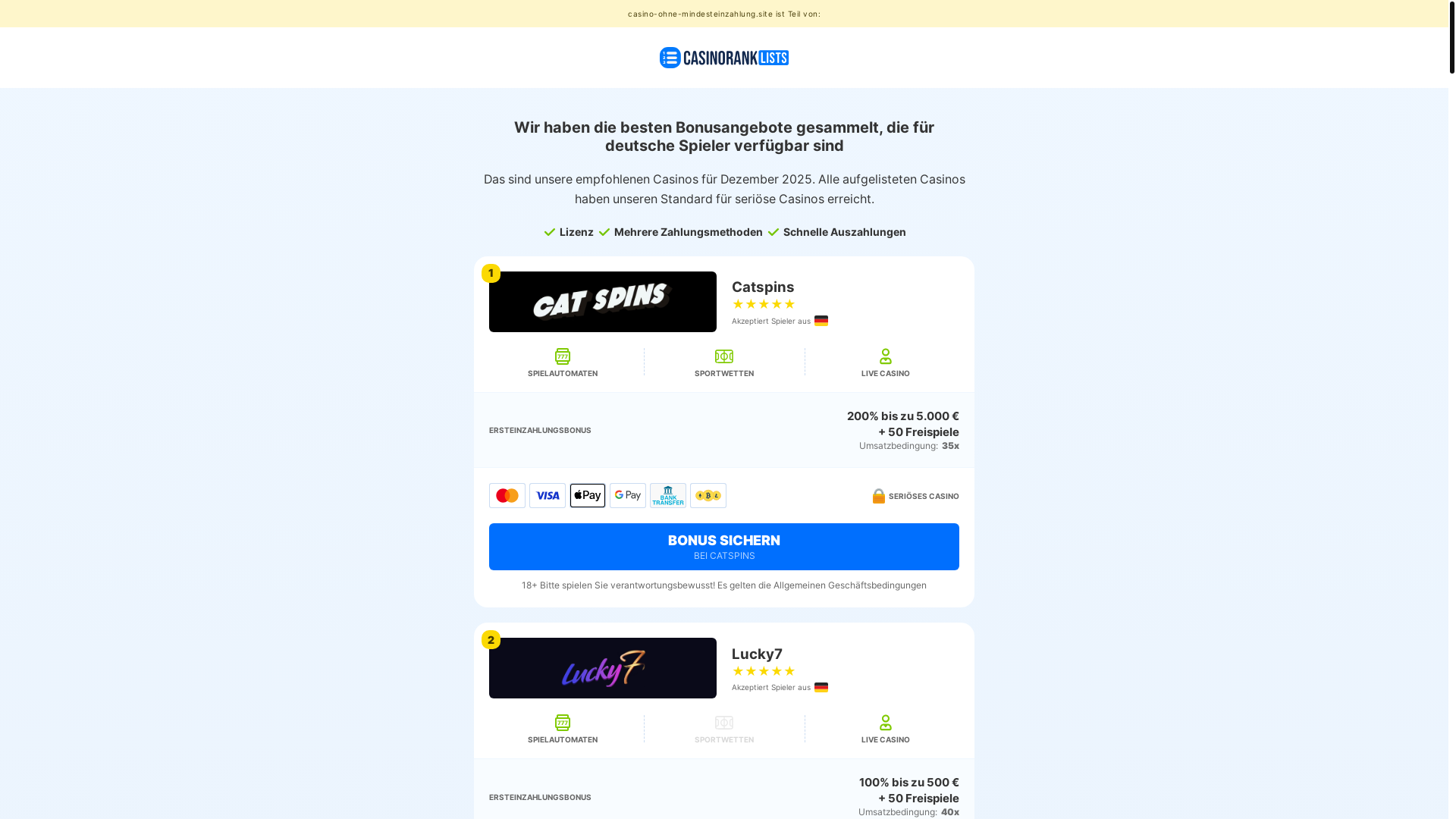 website screenshot of https://casino-ohne-mindesteinzahlung.site/