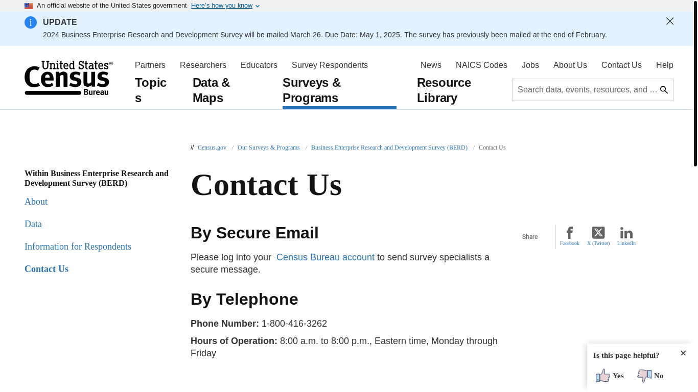 website screenshot of https://www.census.gov/programs-surveys/brds/contact.html