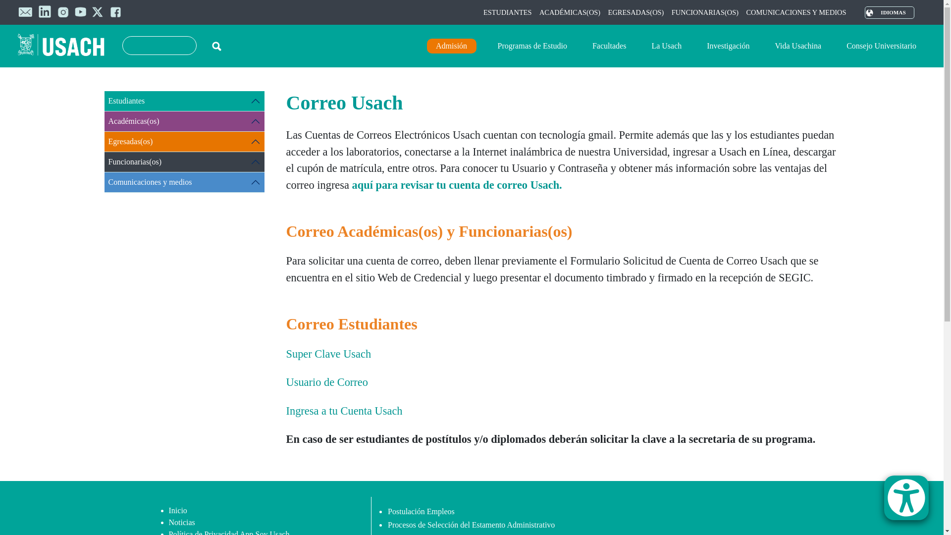 website screenshot of https://www.usach.cl/correo-usach