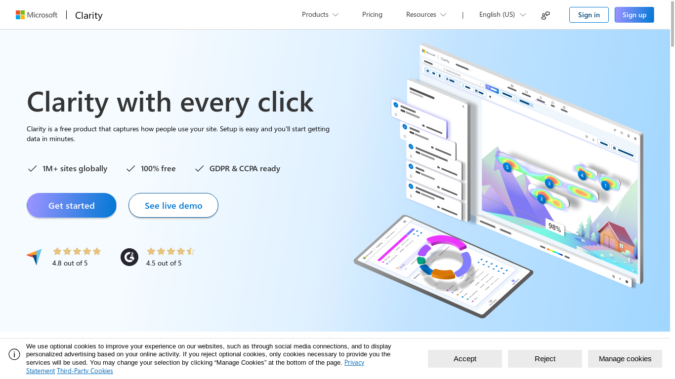 website screenshot of https://www.clarity.ms/
