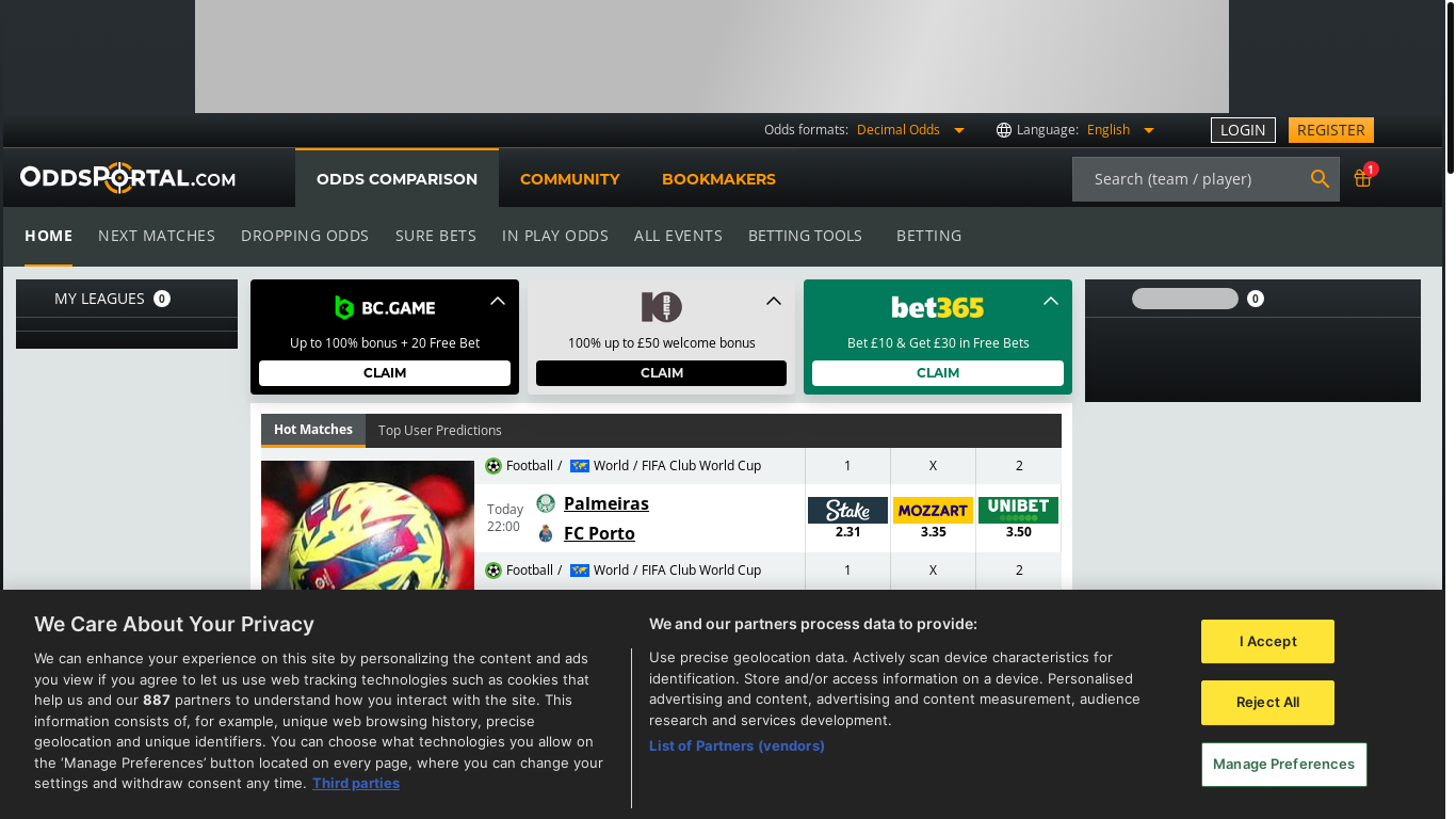website screenshot of https://oddsportal.com/