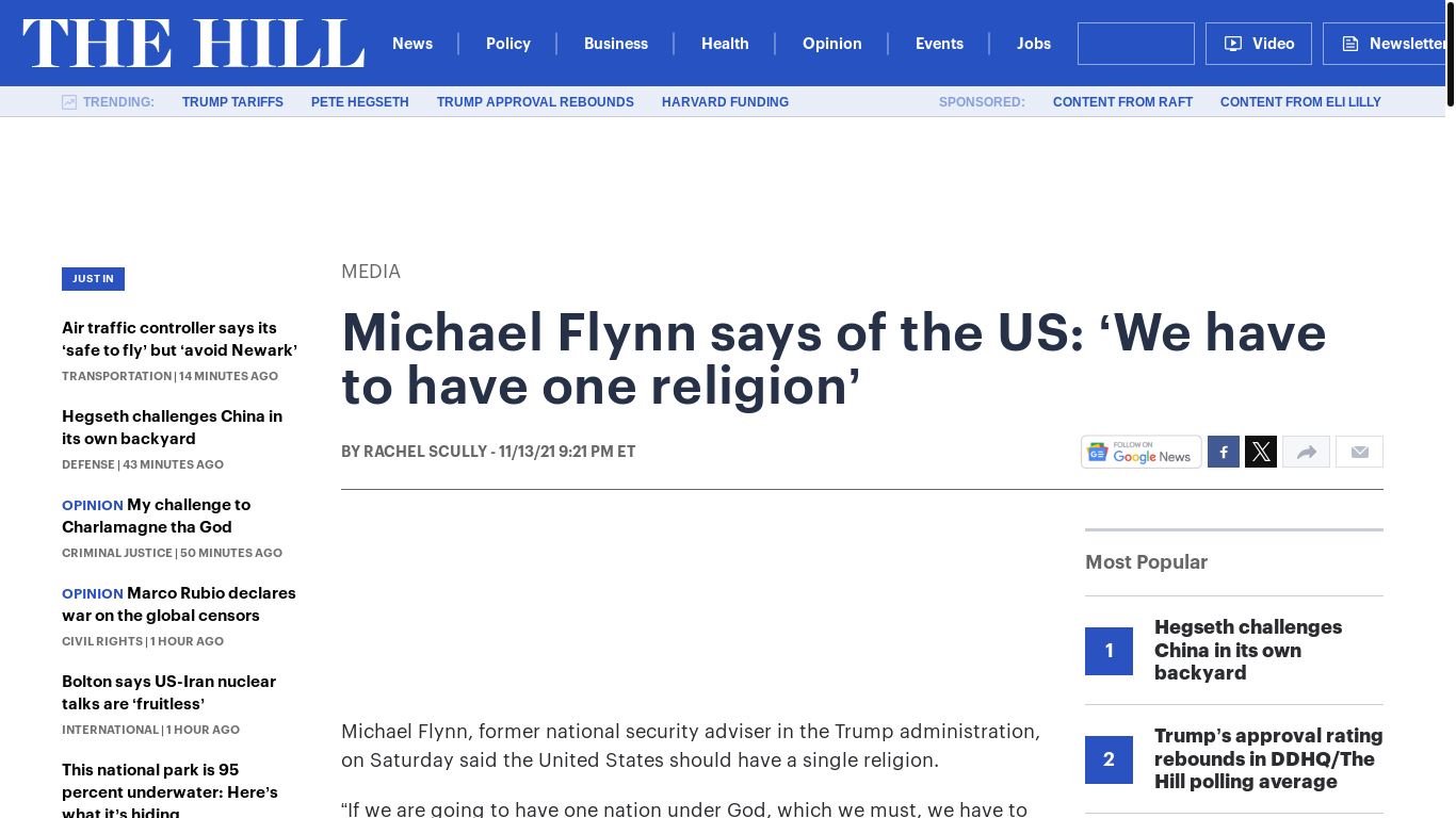 website screenshot of https://thehill.com/homenews/media/581443-michael-flynn-says-of-the-us-we-have-to-have-one-religion/