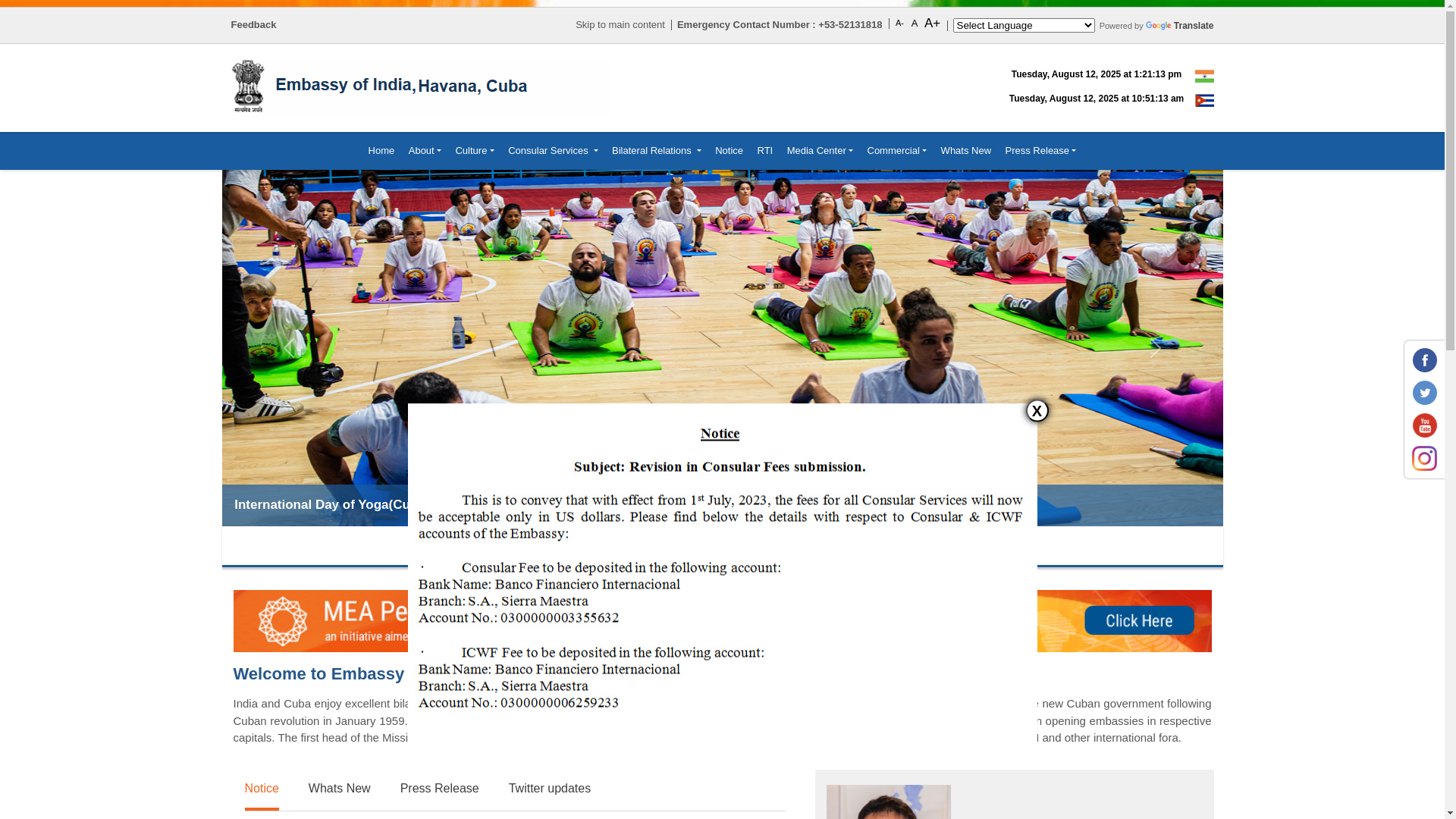 website screenshot of https://eoihavana.gov.in/