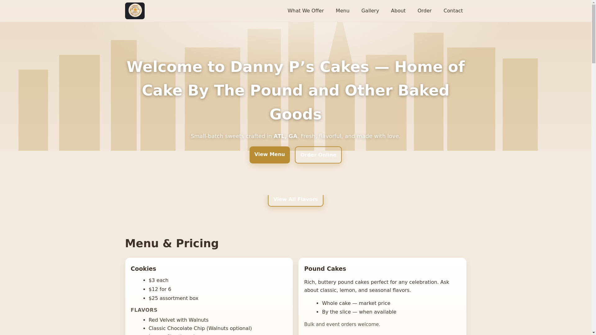 website screenshot of https://dannypscakes.com/