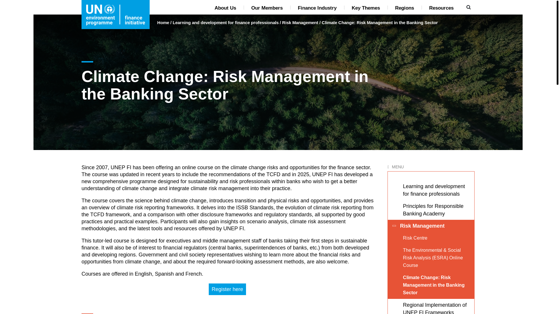 website screenshot of https://www.unepfi.org/learning-and-development-for-finance-professionals/risk-management/climate-change-training/