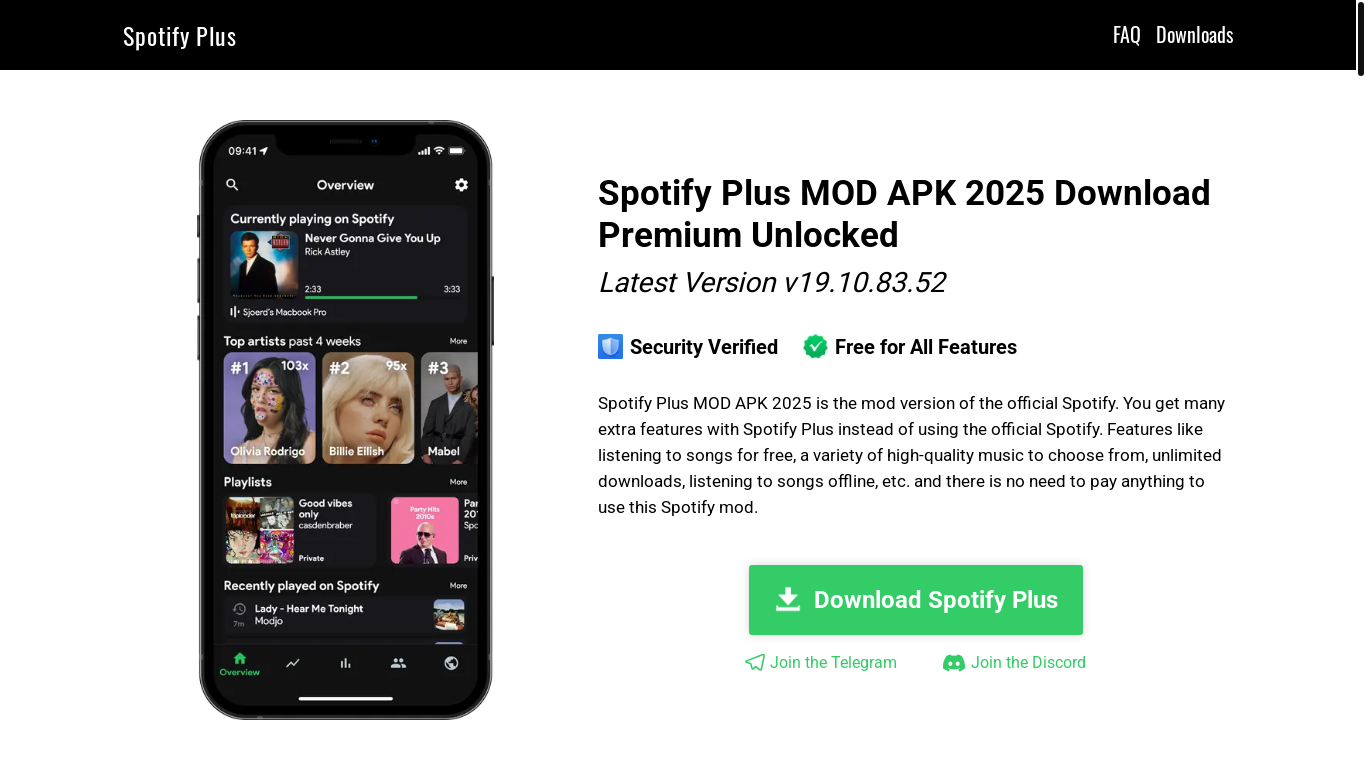 website screenshot of https://spotiplus.xyz/?from=app&channel=default