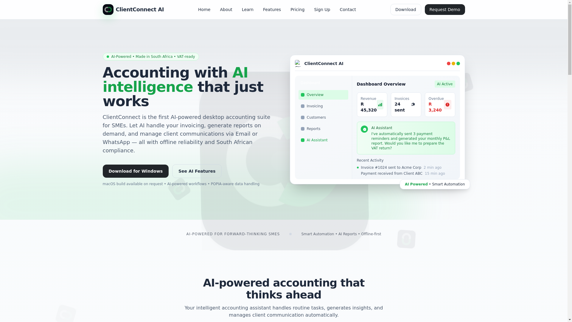 website screenshot of https://clientconnectai.co.za/