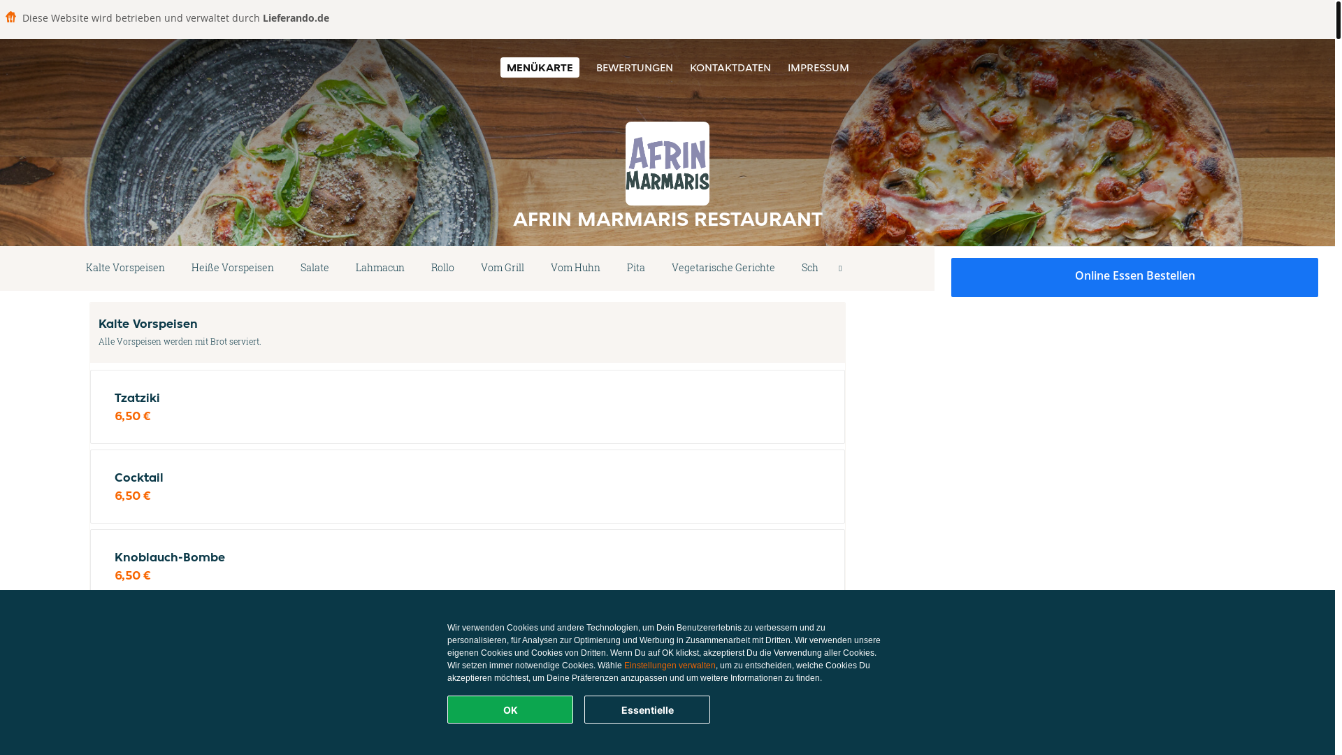 website screenshot of https://afrinmarmarisrestaurant-zetel.de/