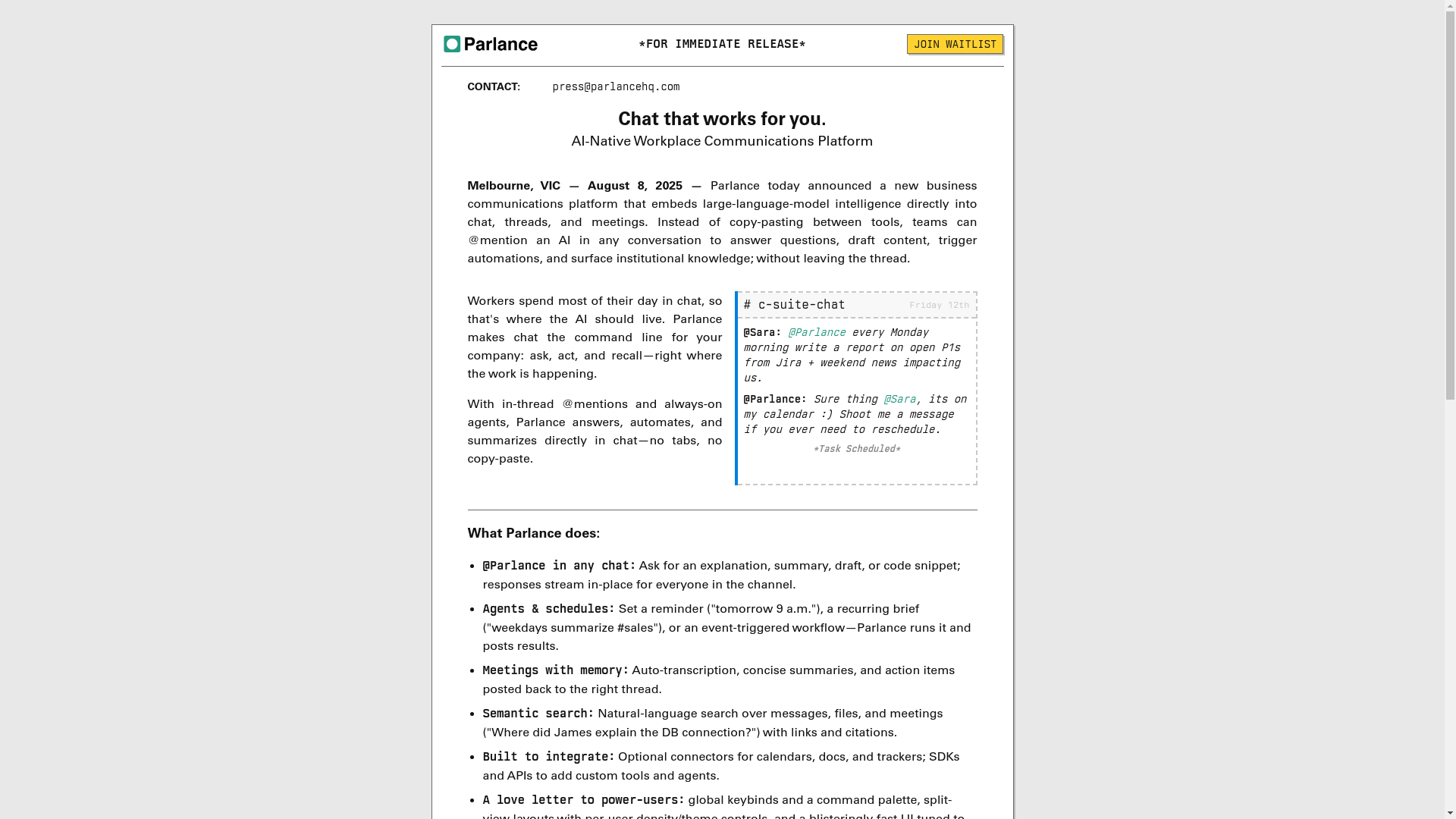 website screenshot of https://parlancehq.com/