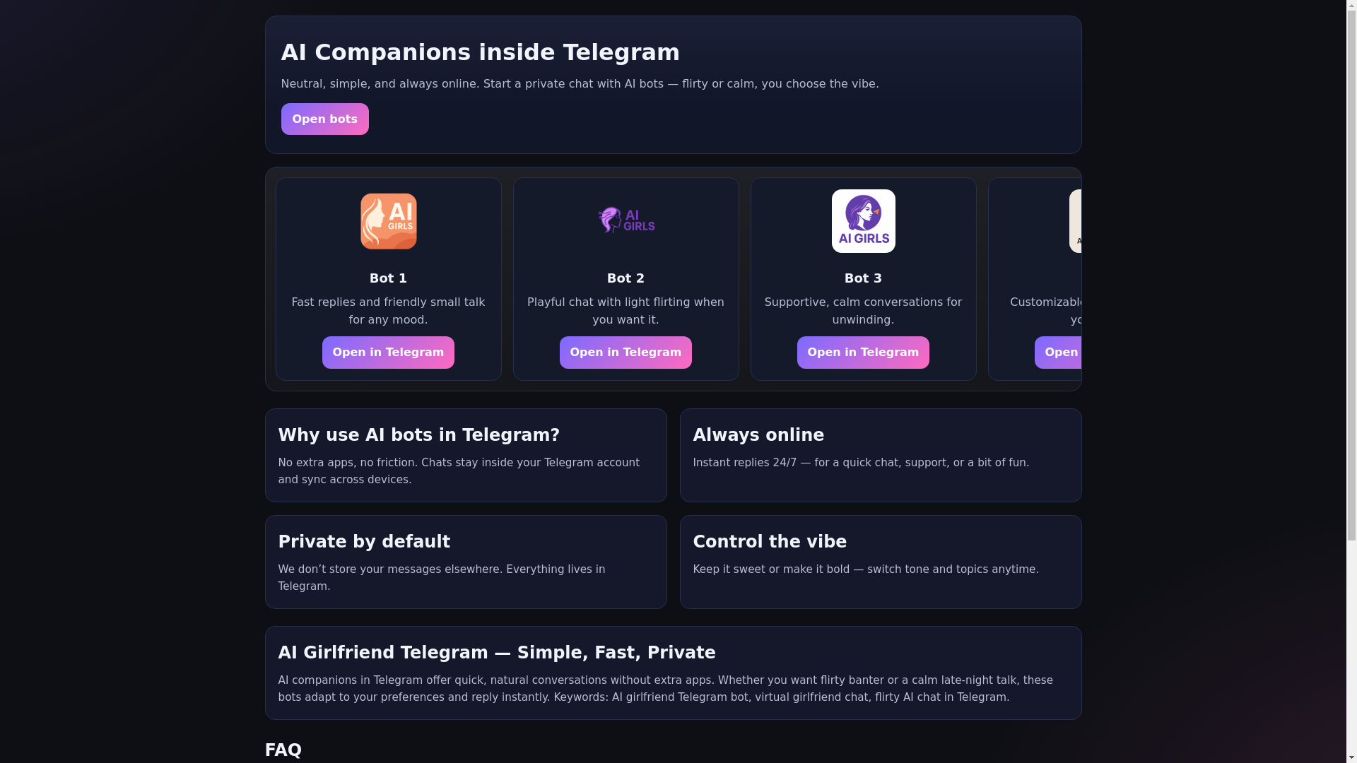 website screenshot of https://aigirlfriendtelegram.chat/