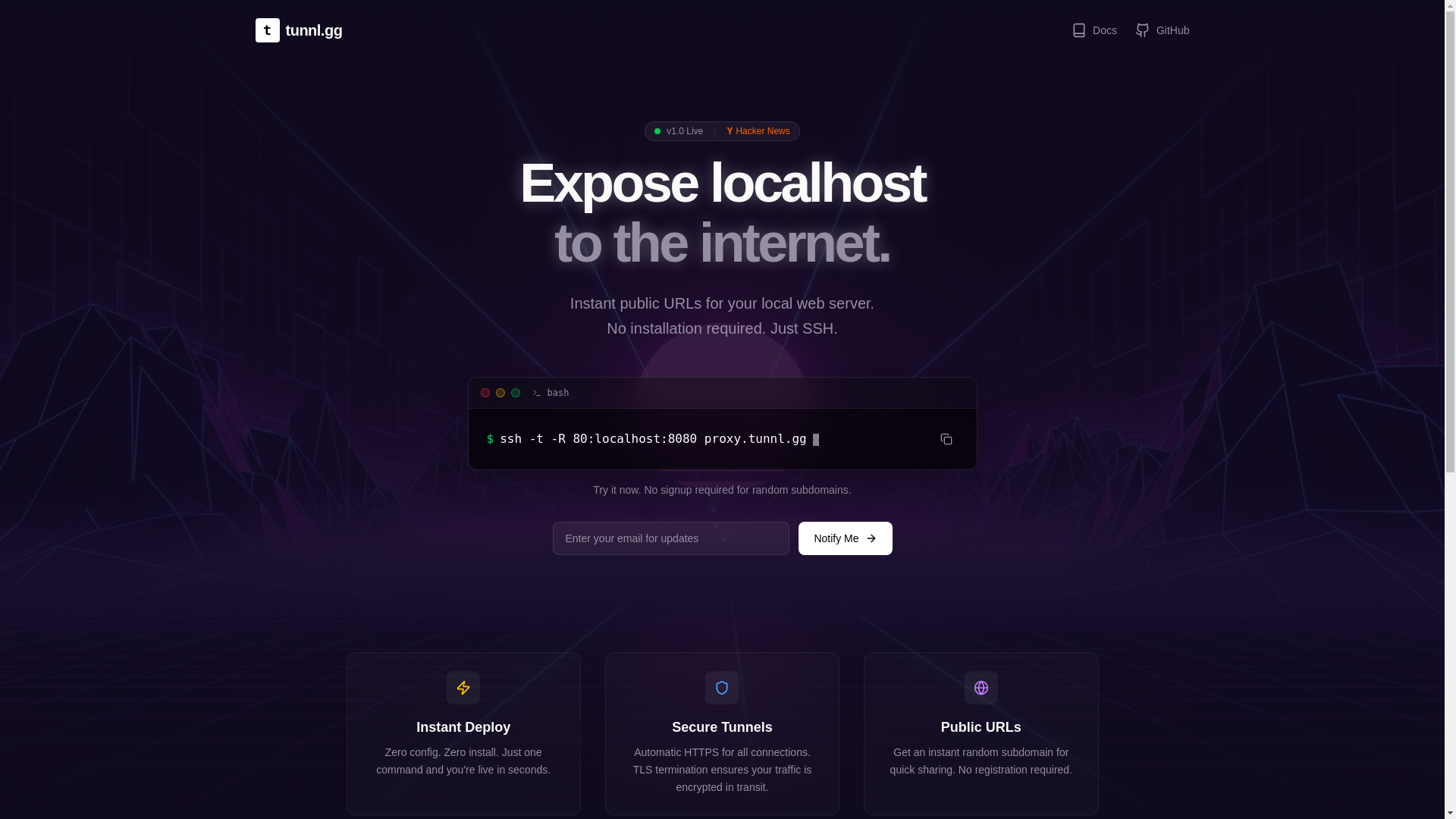 website screenshot of https://tunnl.gg
