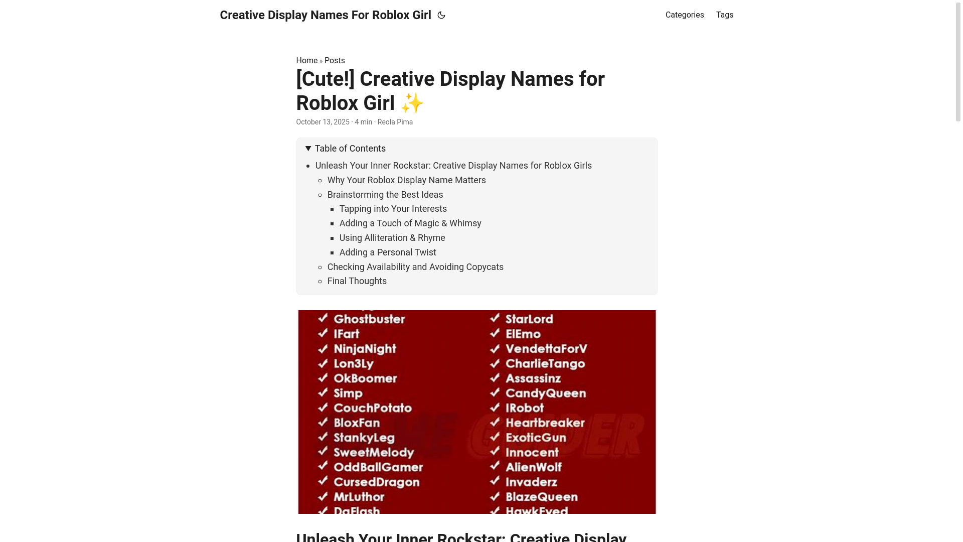 website screenshot of https://creative-display-names-for-roblox-girl.pages.dev/