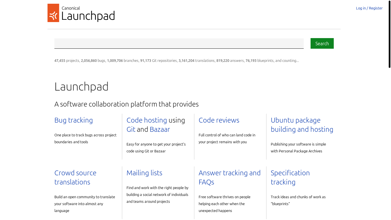 website screenshot of https://launchpad.net