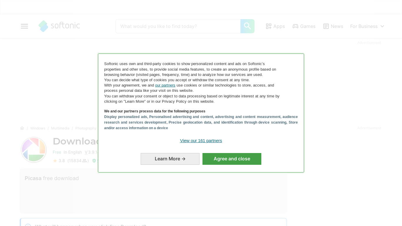 website screenshot of https://picasa.en.softonic.com/download