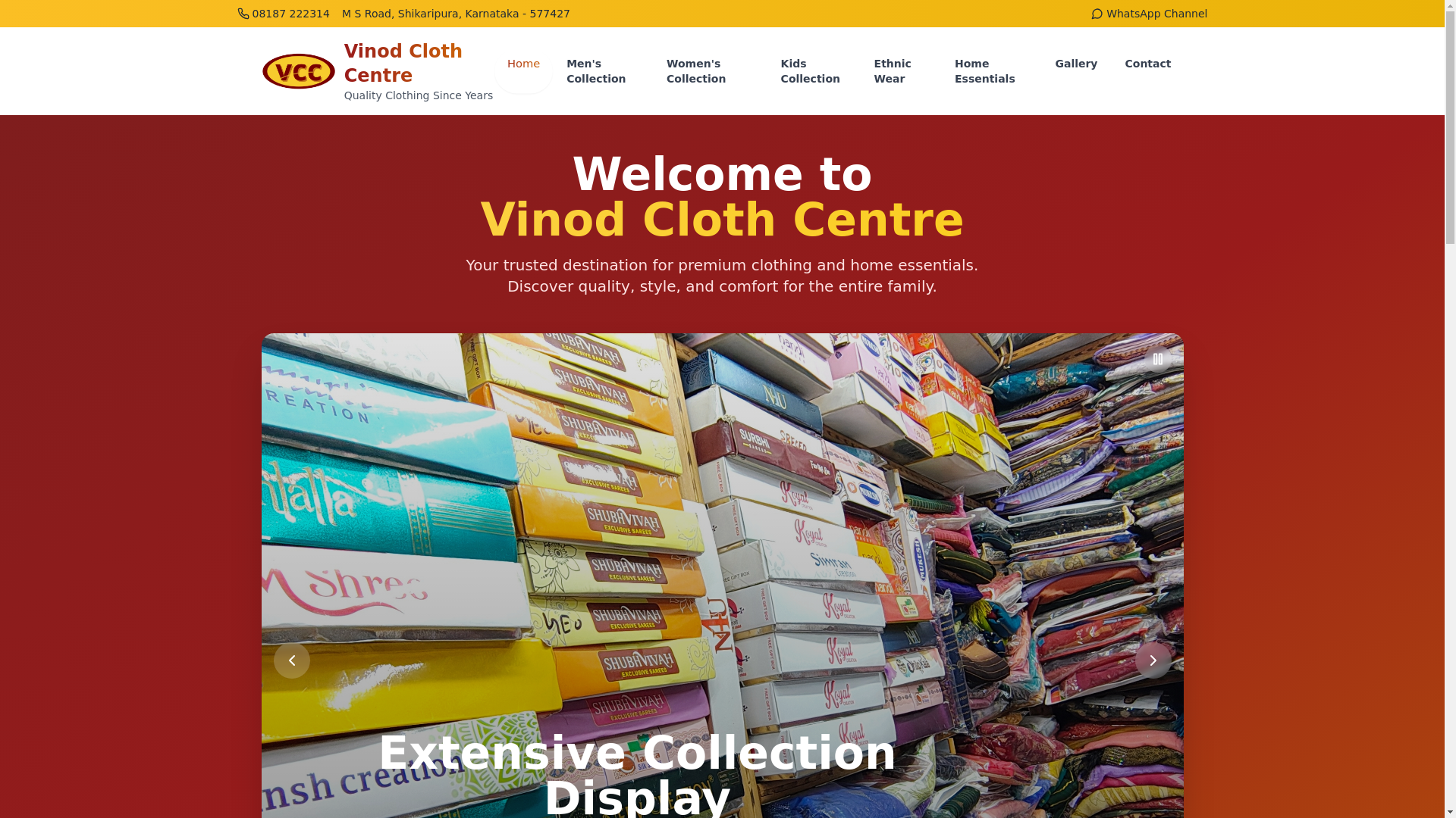 website screenshot of https://vinodclothcentre.in/