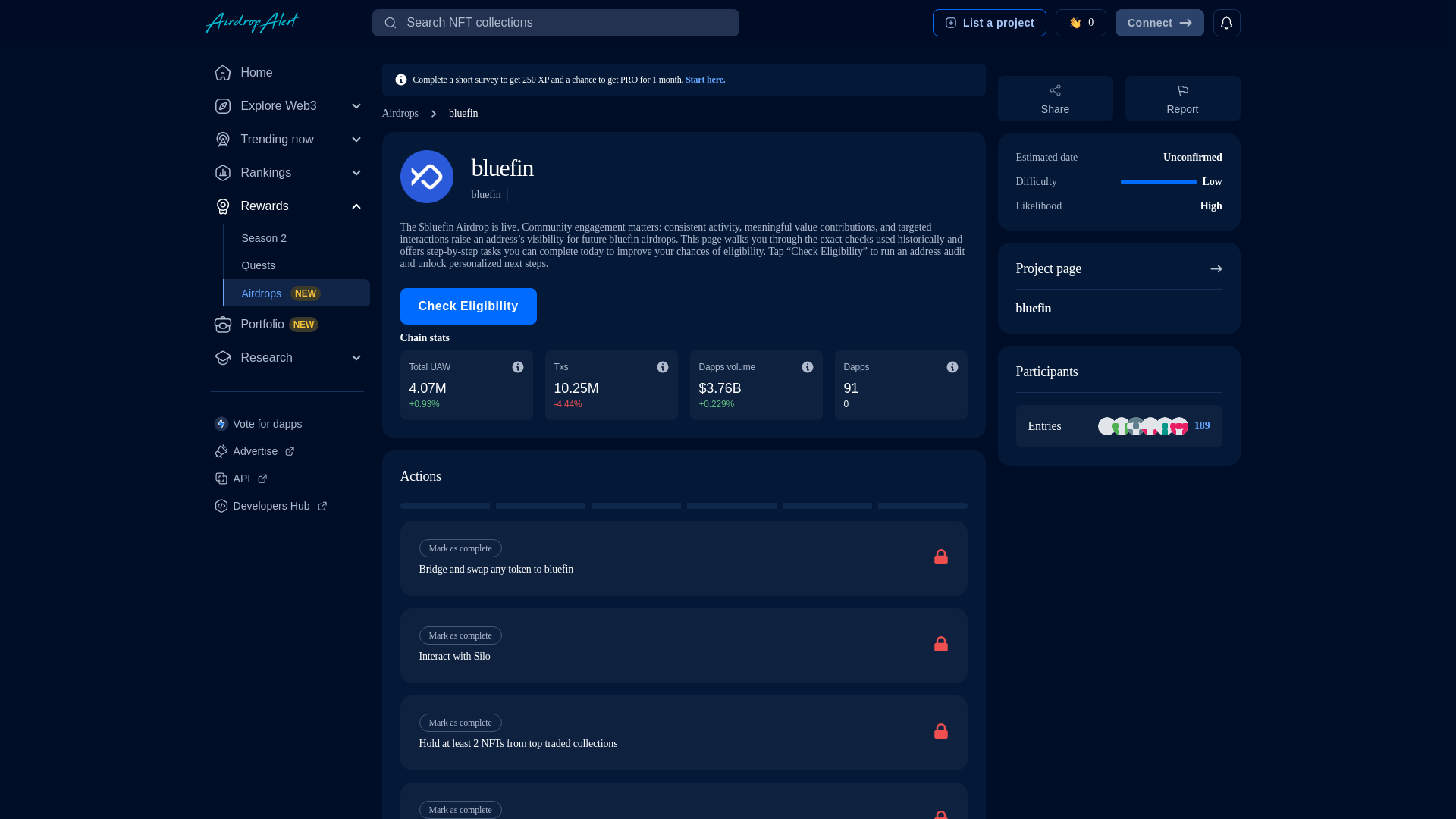 website screenshot of https://bluefin.airdropsalert.us/eligibility