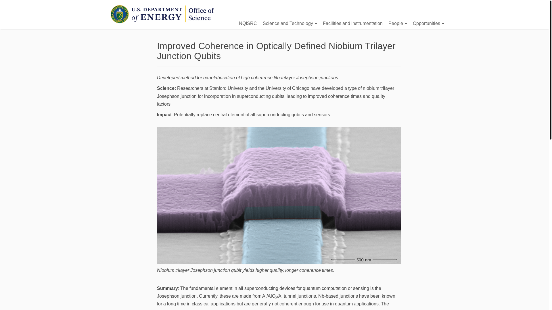 website screenshot of https://nqisrc.org/improved-coherence-in-optically-defined-niobium-trilayer-junction-qubits/