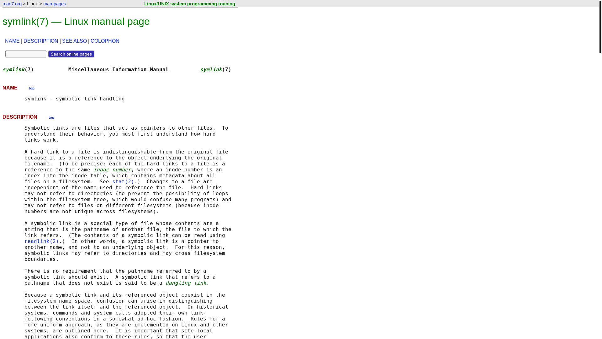 website screenshot of https://man7.org/linux/man-pages/man7/symlink.7.html