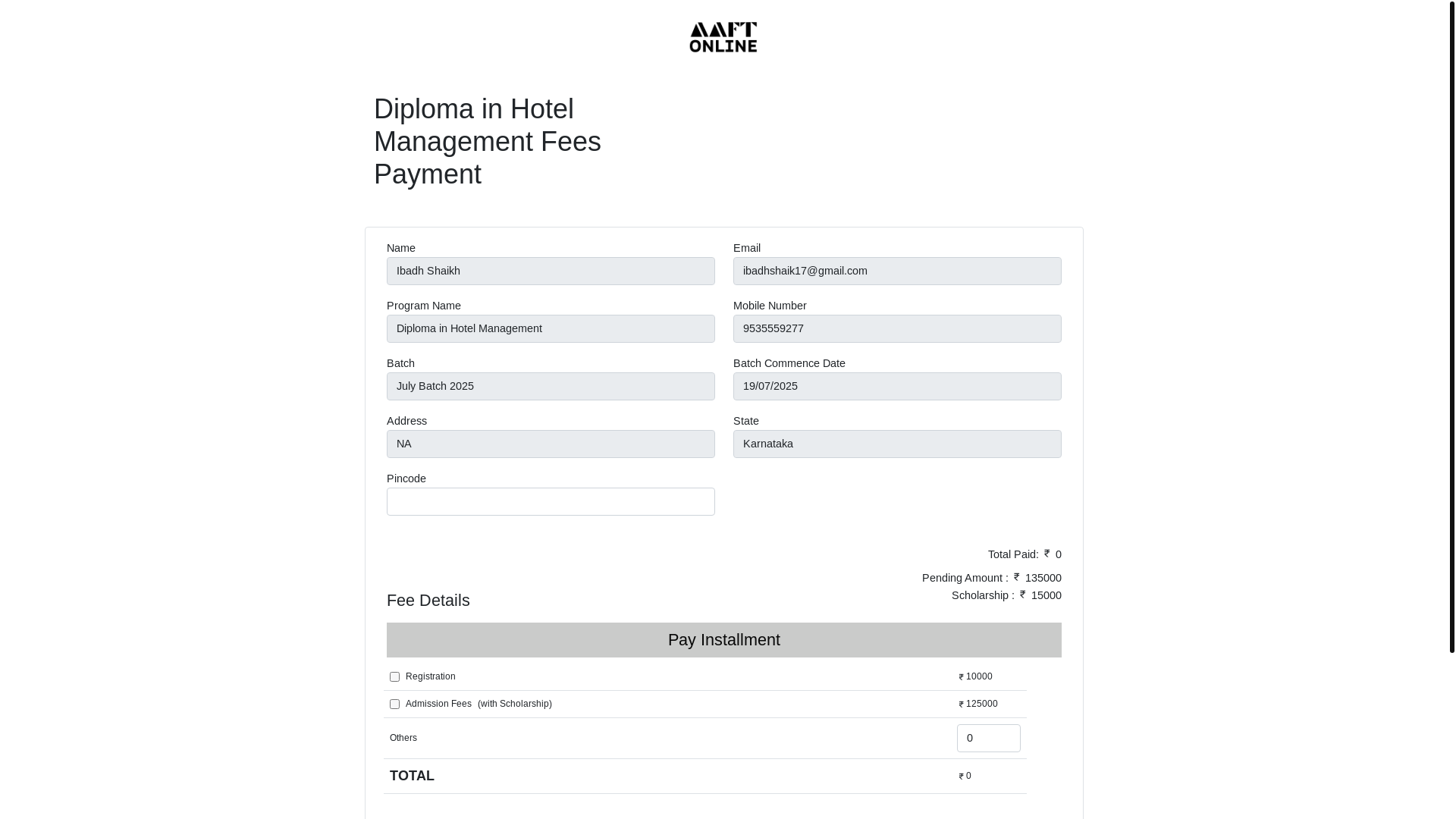 website screenshot of https://aaftonline.com/sales/user-payment/0ef37809-da99-4ff7-8ff5-38aee31b3d59