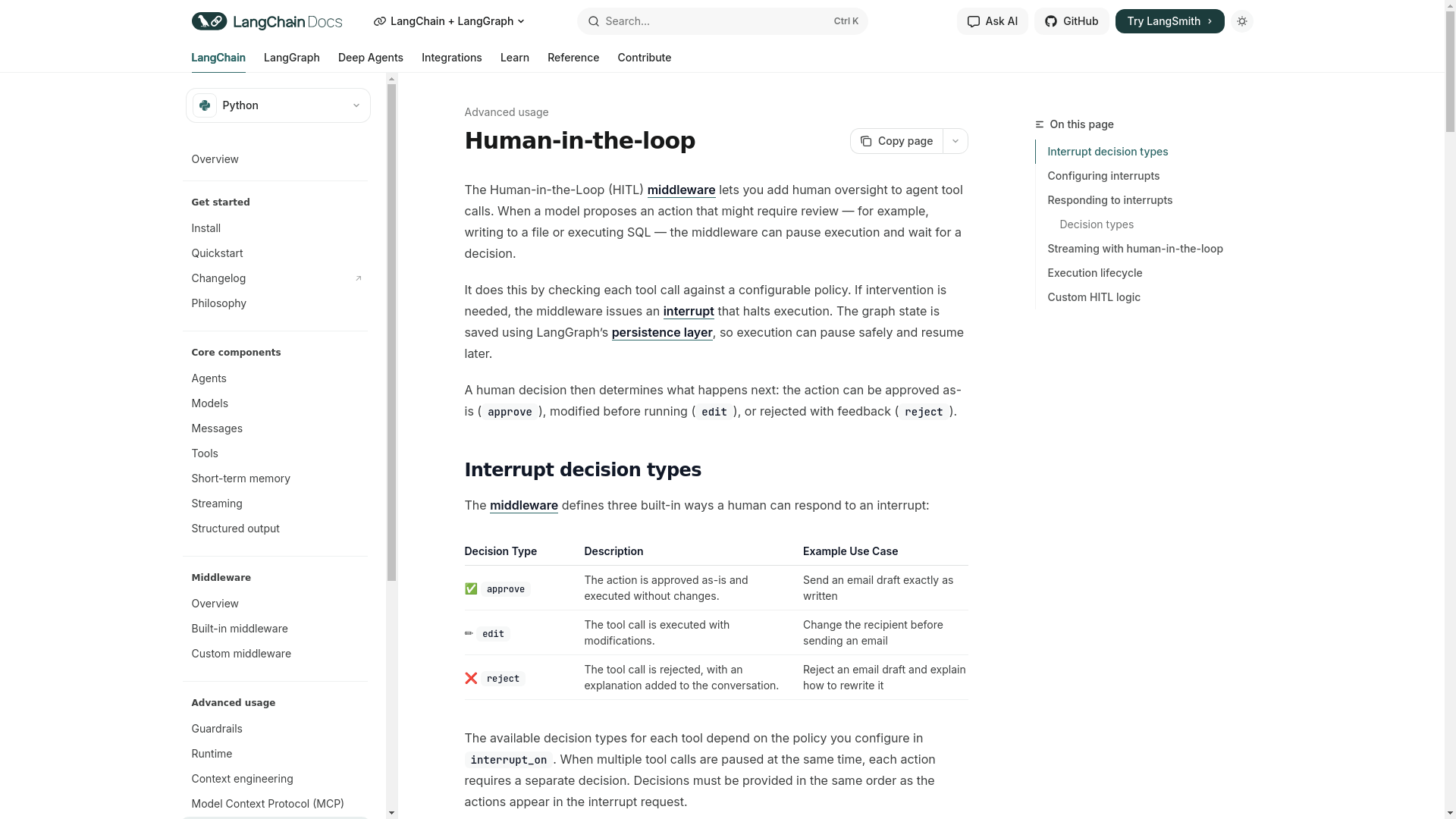 website screenshot of https://docs.langchain.com/oss/python/langchain/human-in-the-loop