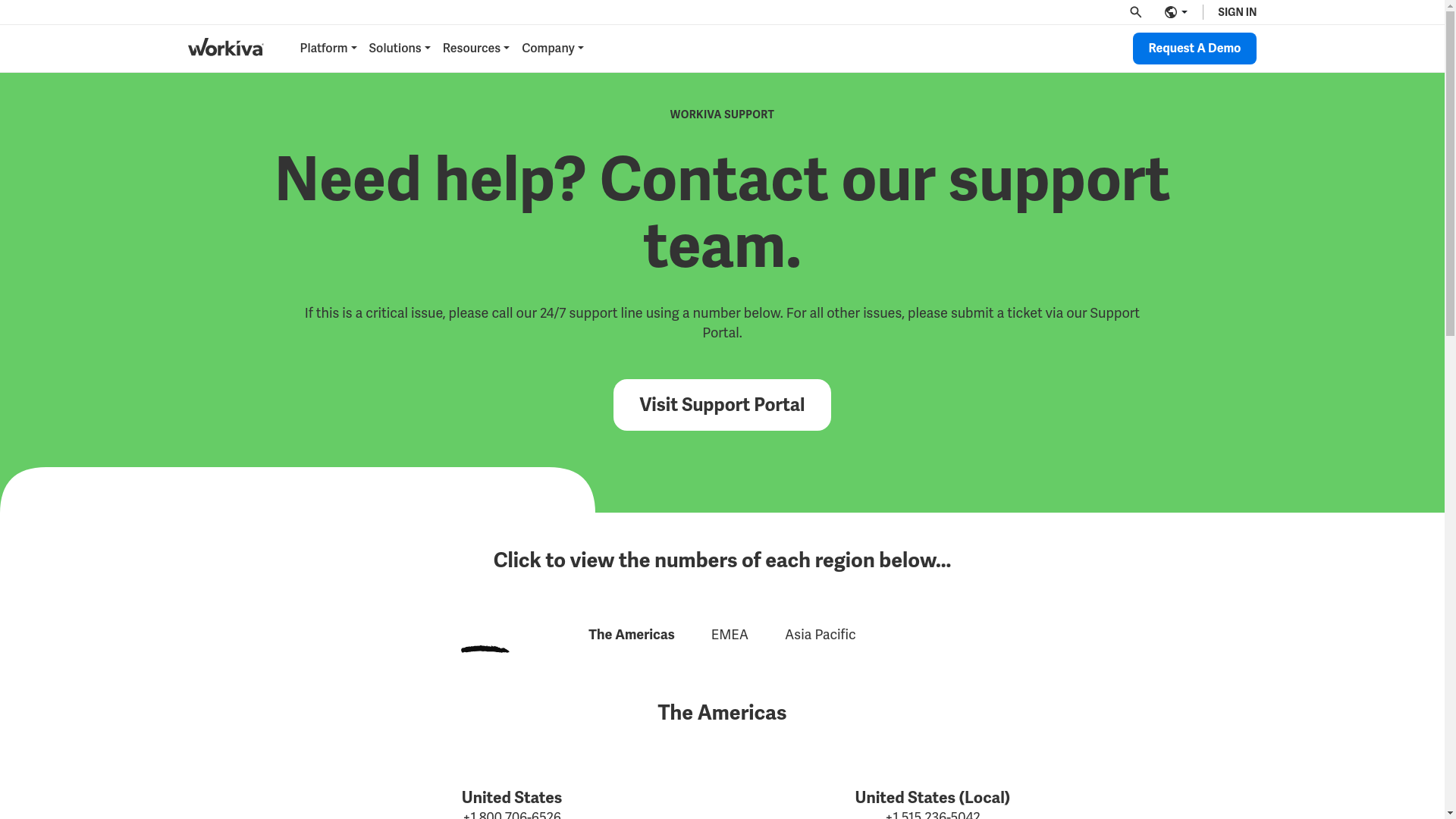 website screenshot of https://www.workiva.com/contact/support