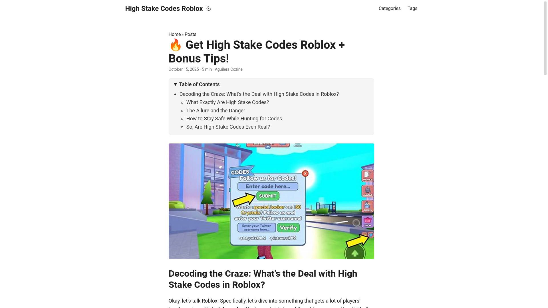 website screenshot of https://high-stake-codes-roblox.pages.dev/