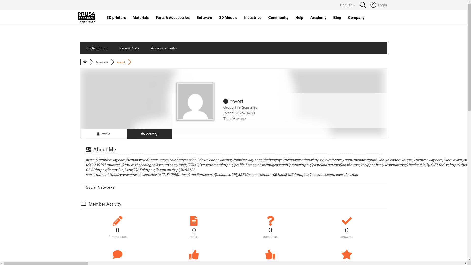 website screenshot of https://forum.prusa3d.com/forum/profile/covert/